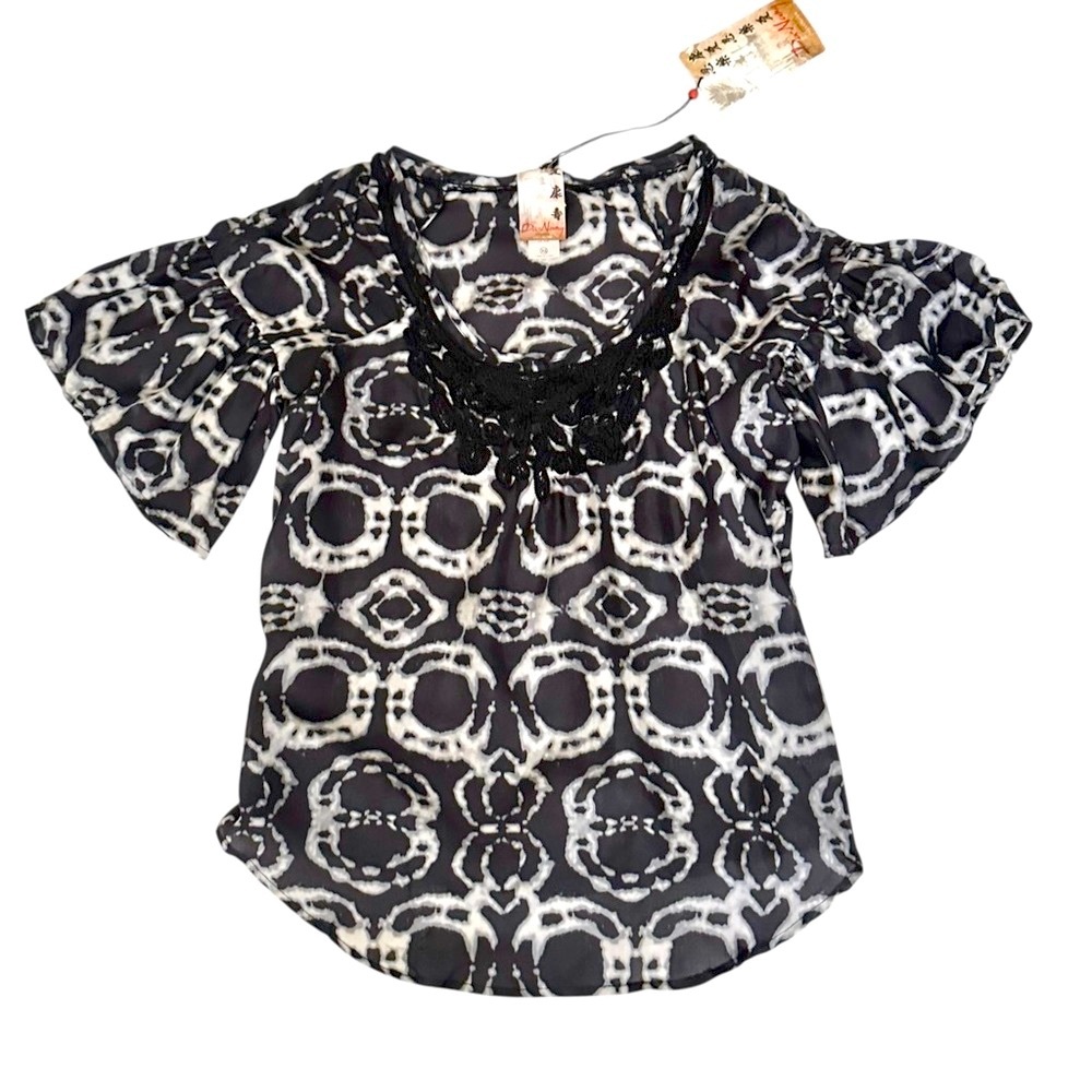🔴2 for 60🔴 Da-Nang top short flounce sleeve silk black  gray white tie dye XS